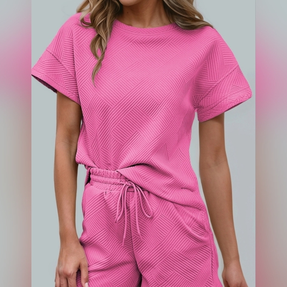 #312 SALE 🛑38 S,L  Comfy 2pcs Solid Textured Drawstring Shorts Set - Picture 3 of 4